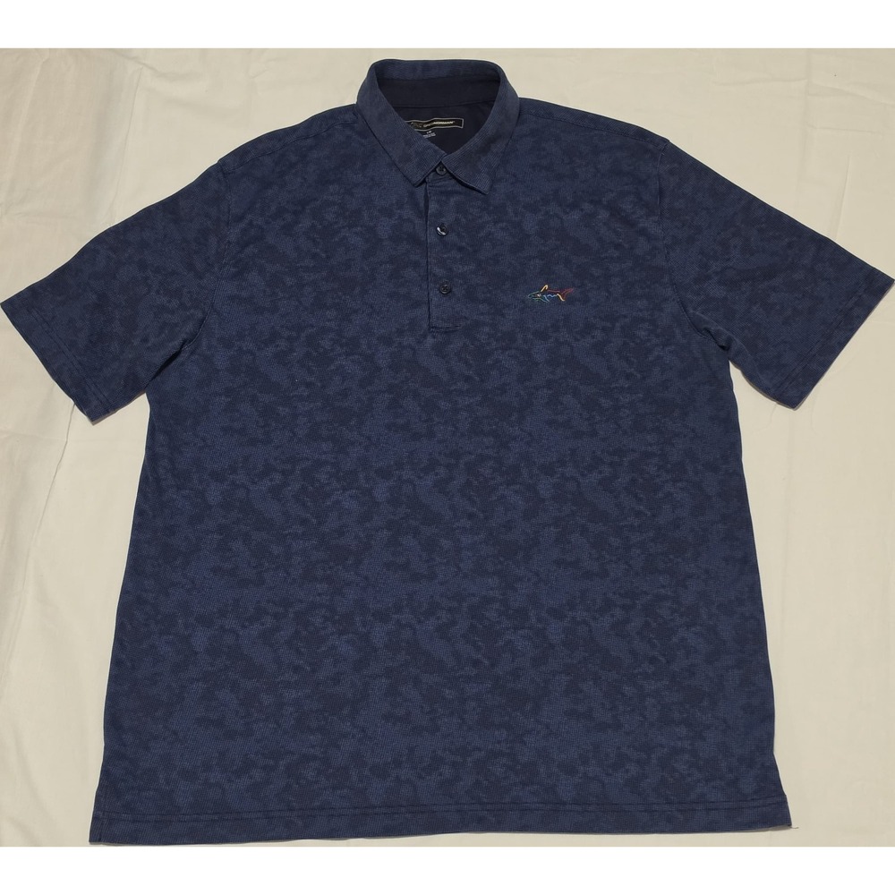 Greg Norman Blue Polo Shirt Men L Golf Performance Play Dry Shark